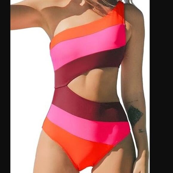 Cupshe Brand NWT One Piece Color Block One Shoulder Cut Out Swimsuit Pink Orange - Picture 1 of 5